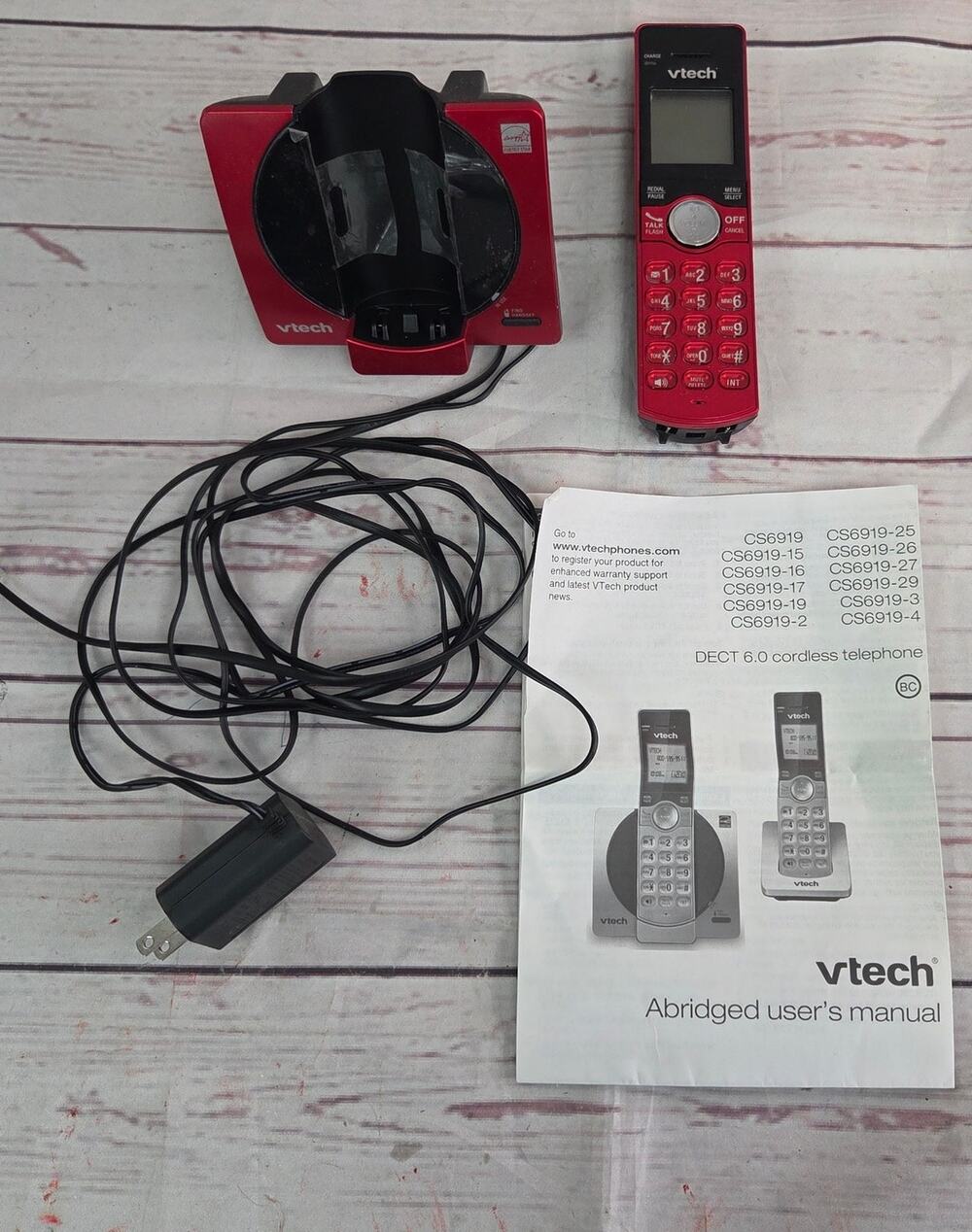 VTech Red Cordless Phone Handset Base Charger Manual Untested